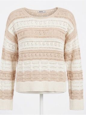 Crochet-Stripe Scoop Neck Sweater - Beige & Cream
